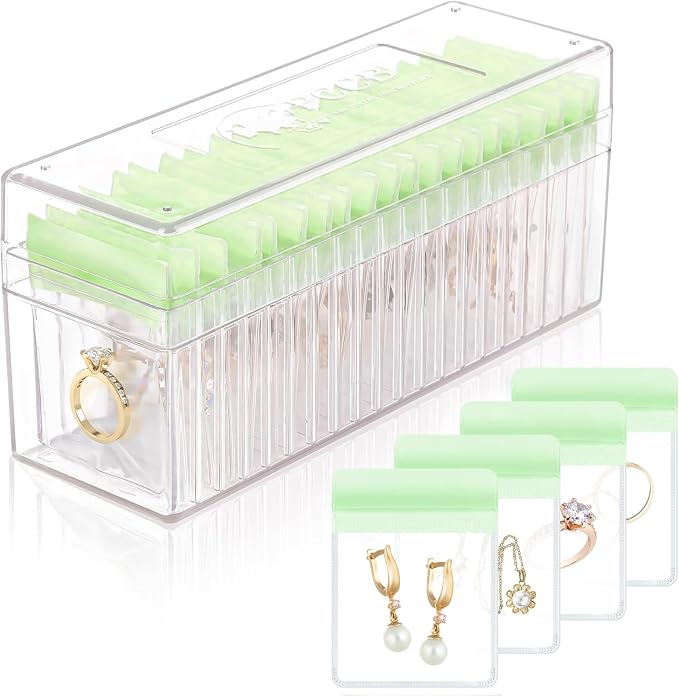 HOMEHIVE Acrylic Jewelry Box Organizer, Clear Jewelry Organizer Holder with 20 Portable Anti Tarnish Jewelry bags, Travel Jewelry Case for Earrings/Rings/Necklaces for Women Girls, Green by HOMEHIVE