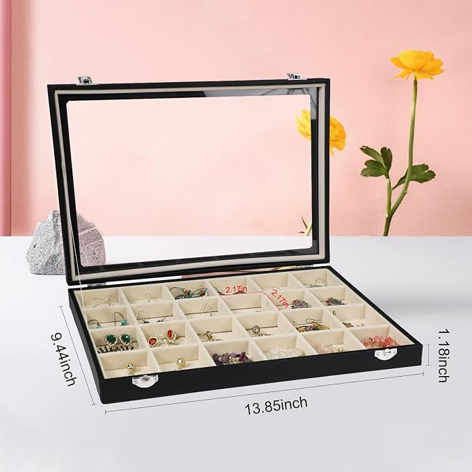 Stratalife Jewelry Tray 24 Grid Earring Organizer with Clear Lid Jewelry Holder Organizer Jewelry Organizer Box Jewelry Storage Crystal Holder For Stones Display (Beige Black) - Image 6