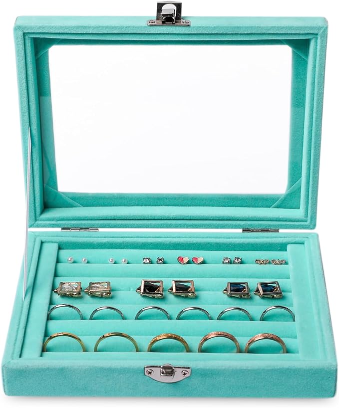 Frebeauty Rings/Earring Organizer Tray with Clear Lid,7 Slots Ring Box Velvet Ring Holder Drawer Insert Jewelry Storage Box Jewelry Display Case Jewelry Box Gift for Women and Girls(Turquoise,7 Slots) - Image 2