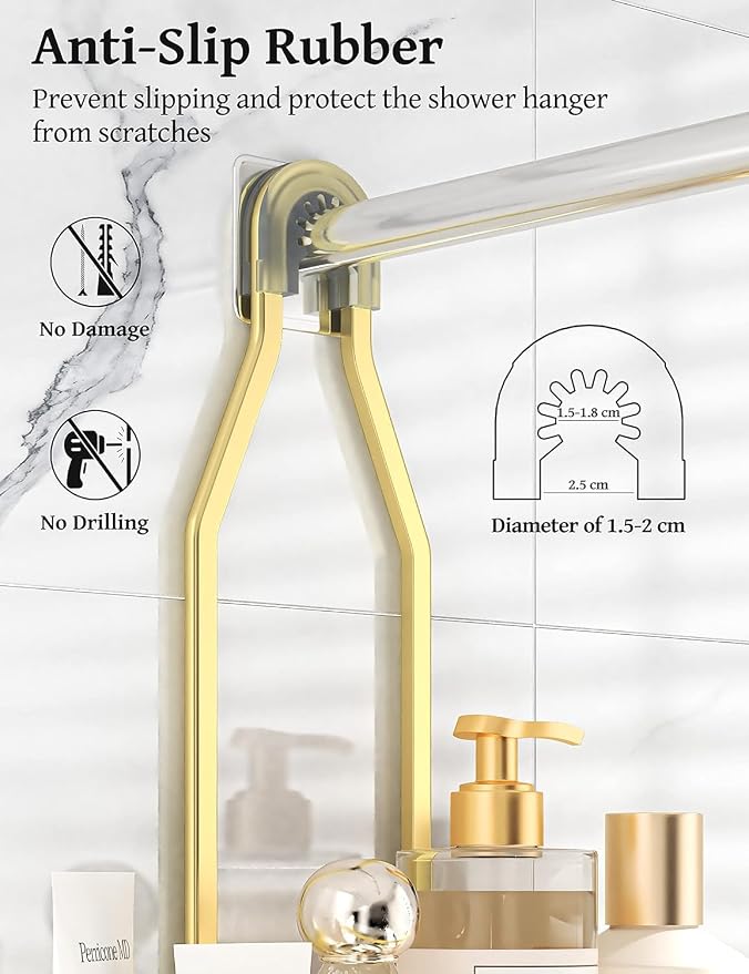 YASONIC Never-Rust Aluminum Hanging Shower Caddy – Over-the-Showerhead Organizer with 10 Hooks for Razor and Sponge – Includes Soap Basket – Gold - Image 5
