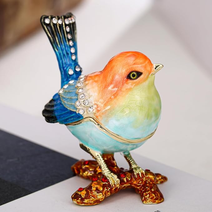 Hand Painted Enamel Robin Bird Trinket Box for Home Decor, Hinged Jewelry Organizer for Ring Earrings, Unique Figurine Keepsake Collectible Personalized Handmade Ornament Gifts (Multi-Sparrow) - Image 4