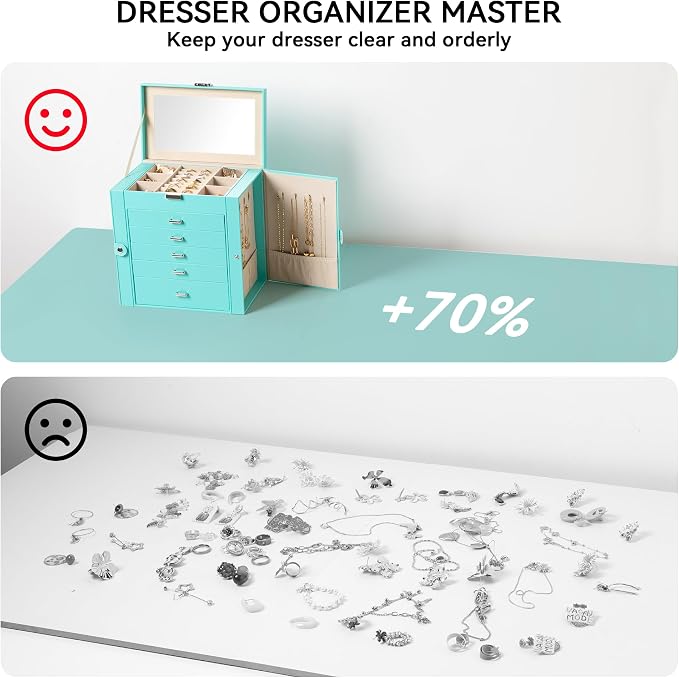 Frebeauty Large Jewelry Box,6-Tier PU Leather Jewelry Organizer,Multi-functional Storage Case with Mirror,Accessories Holder with 5 Drawers for Necklace Bracelets Watches(Turquoise) - Image 6