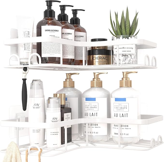 Sakugi Corner Shower Caddy - 2 Pack, Adhesive Shower Organizers, Rustproof Stainless Steel Shower Shelves with 8 Hooks, No Drilling Bathroom Organizers and Storage Racks, Space-Saving, White, Large - Image 3