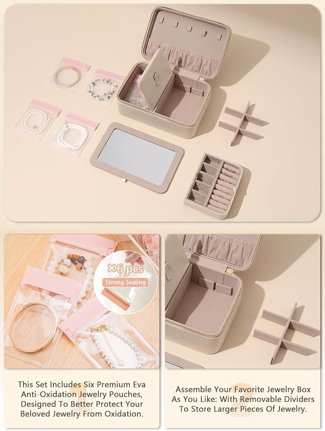 Velvet Travel Jewelry Box with Large Mirror, Double-Layer Jewelry Organizer Case for Women and Girls, Portable Storage Case with 6 Anti-Tarnish Bags Gift Ready for Her (Beige) - Image 4
