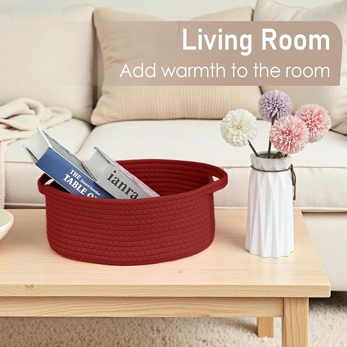 JMvicyroam Woven Basket,Small Rope Storage Bin with Handles & Ribbon Bag, Organizer for Shelves Closets,Gift Basket Empty for Birthday,Books,Dog Toys, Red/2 Pack - Image 7
