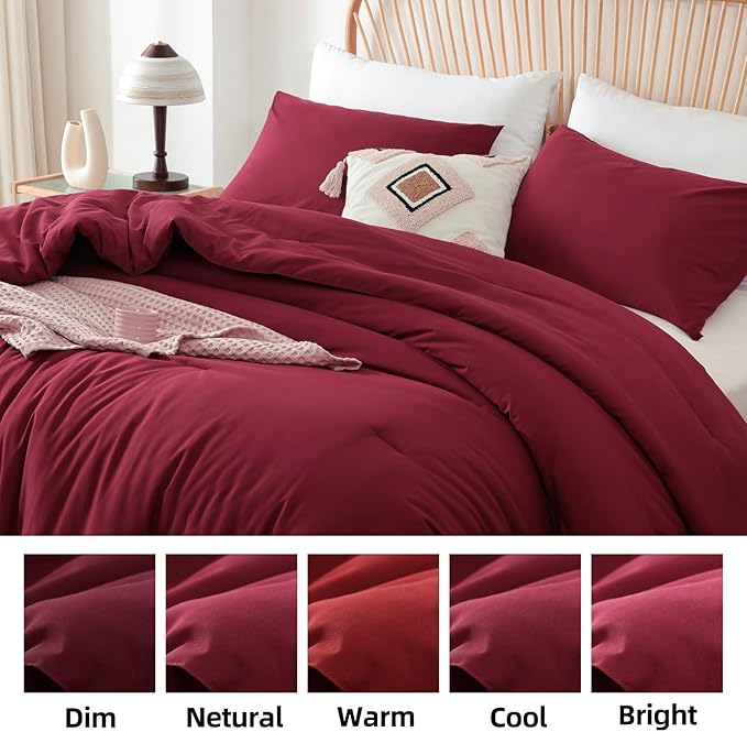 ROSGONIA California King Comforter Set Dark Red, 3pcs (1 Boho Red Cal King Comforter & 2 Pillowcases) All Season Lightweight Bedspread Bedding Blanket