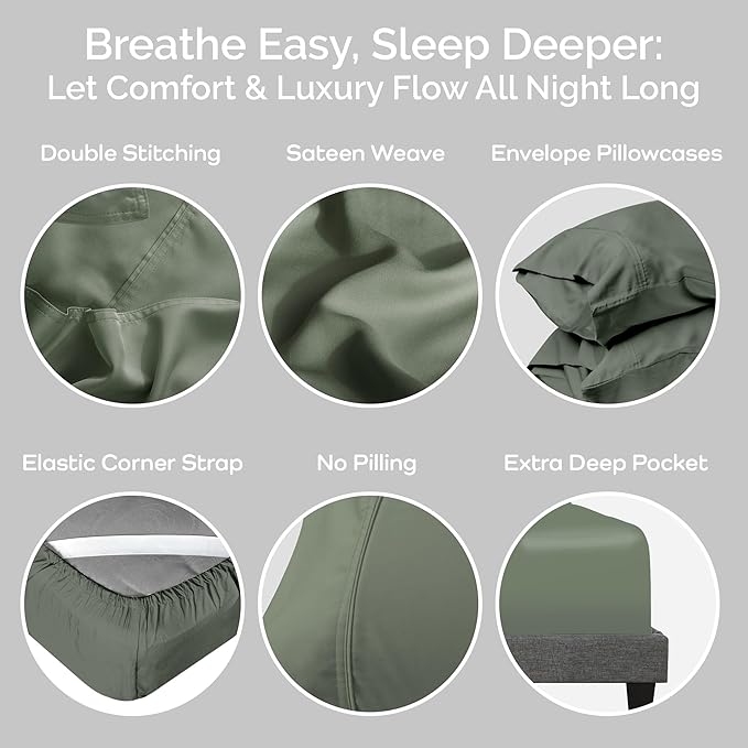 Viscose Bamboo Twin XL Sheets 3PC Set - Extra Long - Cooling Bedding for Hot Sleepers with Moisture Wicking Technology - Silky Soft 16 Inch Deep Pocket, Moss - 38" x 80"