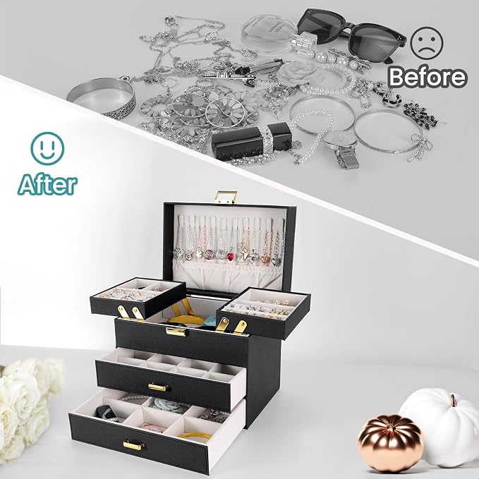 Dajasan Jewelry Organizer Box, Large Jewelry Boxes for Women Girls, Space-Saving 4 Layers Jewelry Storage Case with Drawer, Movable Metal Stand, Modern, Gift Idea (Black + Gold) - Image 2