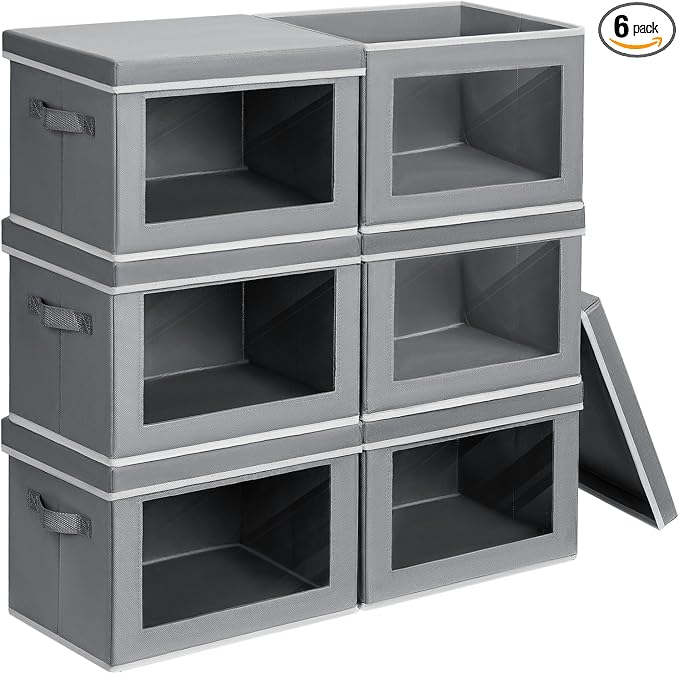 Homsorout Clothes Organizers and Storage - 6 Pack Large Storage Box with Lids, Foldable Closet Organizer with Lids, Decorative Basket Bins for Home, Dorm, Closet, Grey by Homsorout