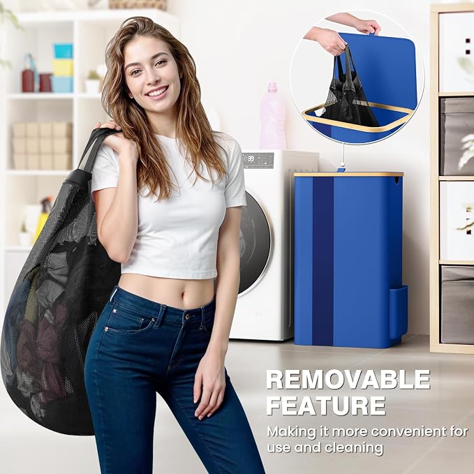BlissTotes 100L Bamboo Laundry Hamper with Lid, Breathable Mesh Bag & Window, Portable, Moisture Resistant, Blue - Image 2