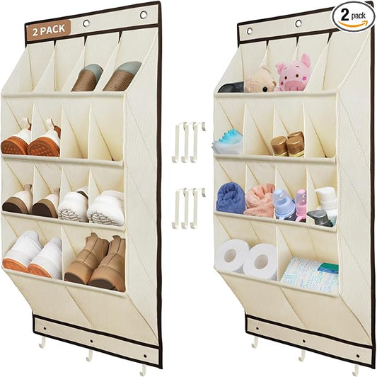 FENTEC 2 Pack Over the Door Shoe Organizer, Hanging Shoe Organizer, 28 Large Deep Pockets Door Shoe Rack with 6 Hooks Shoe Organizer for Shoes, Sneakers, and Home Accessories, Beige by Fentec