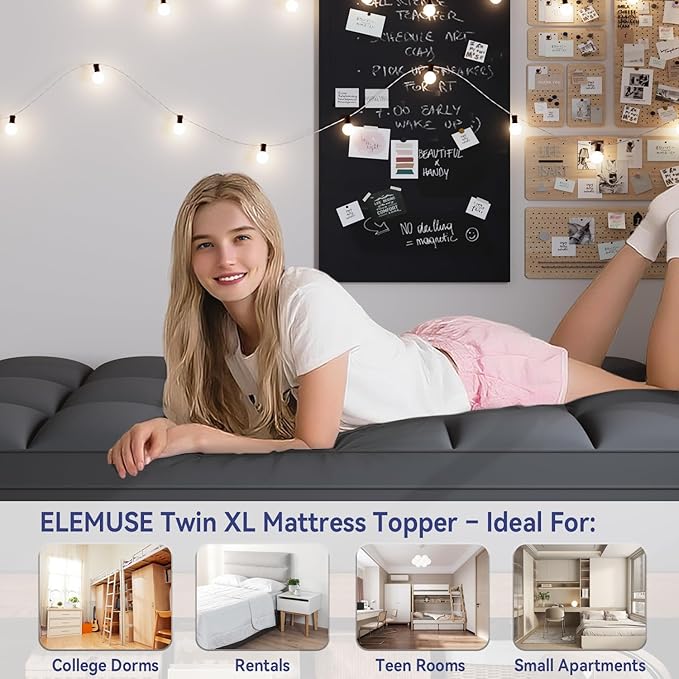 ELEMUSE Twin XL Grey Mattress Topper for College Dorm Room Essentials, Extra Long Twin Mattress Pad for Back Pain Relief, Plush Pillowtop with Elastic Deep Pocket, Overfilled Down Alternative Filling