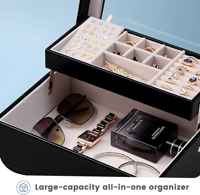 Lolalet Jewelry Box, Clear Window Jewelry Organizer with Drawer for Earrings Bracelets Necklaces Rings, Jewelry Storage for Women -Black, 3 Layers - Image 4