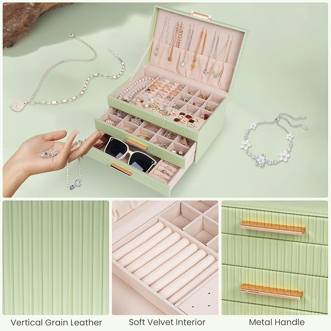 Dajasan Jewelry Box Organizer, 3-Tier Jewelry Storage with 2 Drawers, Large Jewelry Boxes for Women, PU Leather Surface with Texture, Gift Idea, Modern Style, 10.71 x 7 x 5.6 Inches (Avocado Green) - Image 4