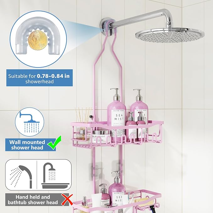 Shower Caddy, Upgraded Extended Length Shower Caddy Over Showerhead No Blocking to Shower Head, Rustproof Shower Organizer with Hooks Shampoo Soap Holder, Bathroom Large Hanging Shower Caddy - Image 3