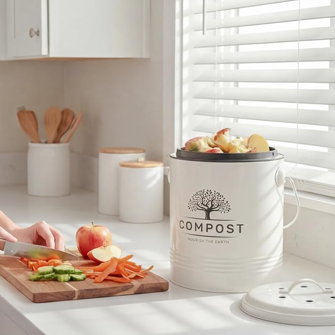 Perfnique Kitchen Compost Bin, 1.3 Gallon Countertop Compost Bin with Lid, Indoor Compost Bucket Includes Inner Bucket Liner and Carbon Filter, Small Compost Bin with Trash Bags (with Bags, Cream) - Image 5