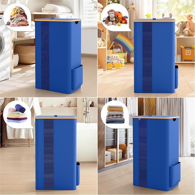 BlissTotes 100L Bamboo Laundry Hamper with Lid, Breathable Mesh Bag & Window, Portable, Moisture Resistant, Blue - Image 3