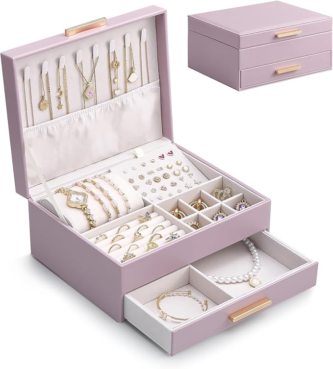 Lolalet 2-Layer Jewelry Box Organizer for Women Girls, Jewelry Storage Case Holder with Drawers for Necklaces Ring Earrings Bracelet Watch, Gifts Choice for Mom Mother’s Day -Purple by Lolalet