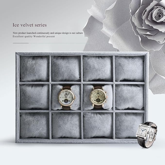 Oirlv Premium Velvet 12 Grid Jewelry Organizer Tray with Removable Pillow Watch Organizer Jewelry Tray Bracelet Bangle Watch Display Holder - Image 2