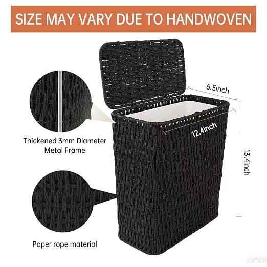 Coeusy 3 Gallon Paper Rope Bathroom Trash Can,Small Wicker Trash Cans with Lid and Liner,Woven Rattan Narrow Waste Basket for Bedroom,Office,Black - Image 3
