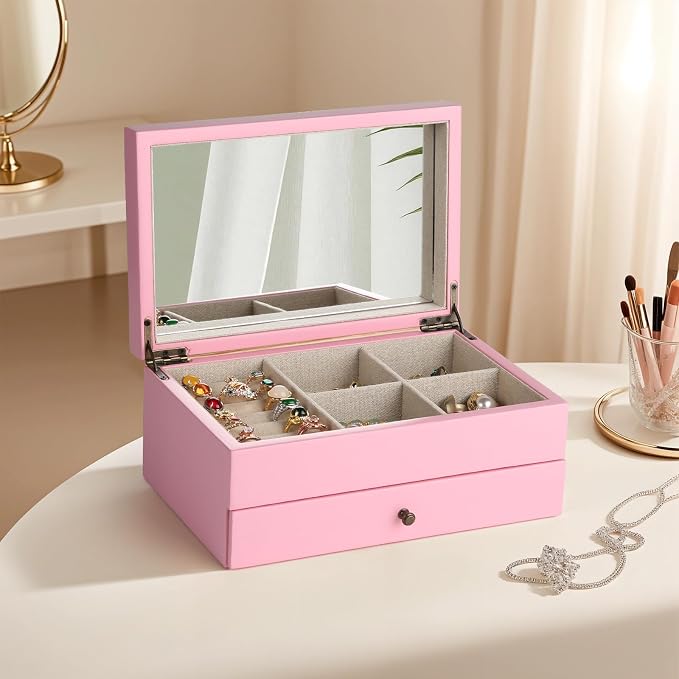 Meangood Jewelry Box Organizer for Women, 2 Layer Large Jewelry Storage Case, Rustic Wooden Jewelry Box with Mirror & Ring Tray for Necklace Earring Bracelets Rings, Vintage Style (Pink) - Image 8