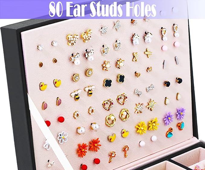 Earrings Jewelry Box for Girls, Large Capacity Jewelry Organizer with 40-Pair Earring Board, 2-Layer Leather Jewelry Storage Box for Necklaces Rings Bracelets with Removable Tray(Gift Idea),Black - Image 7