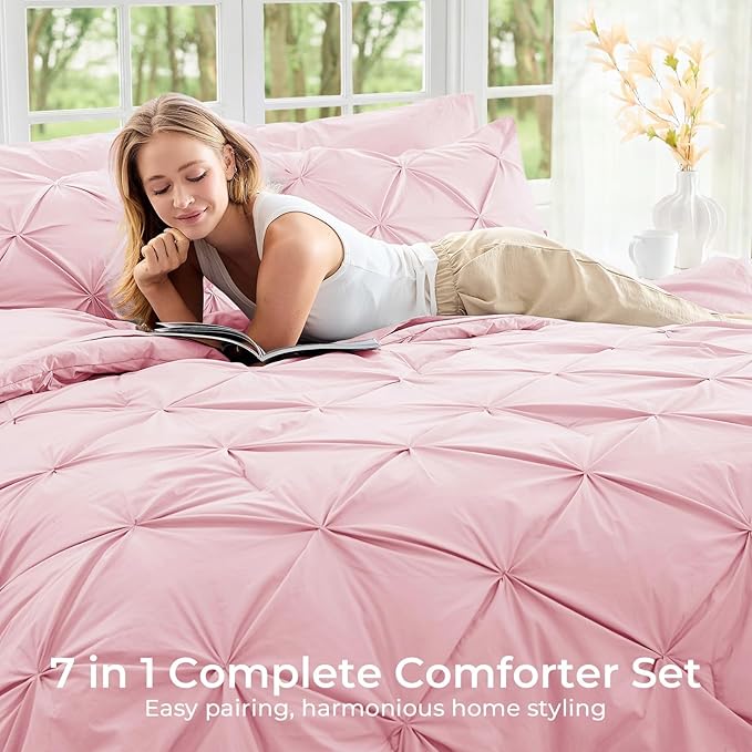 Sasttie California King Comforter Set, 7-Piece Bed in a Bag, Pintuck Bedding Sets for All Season, Includes Comforter, Flat Sheet, Fitted Sheet, Pillowcases and Pillowshams, Baby Pink