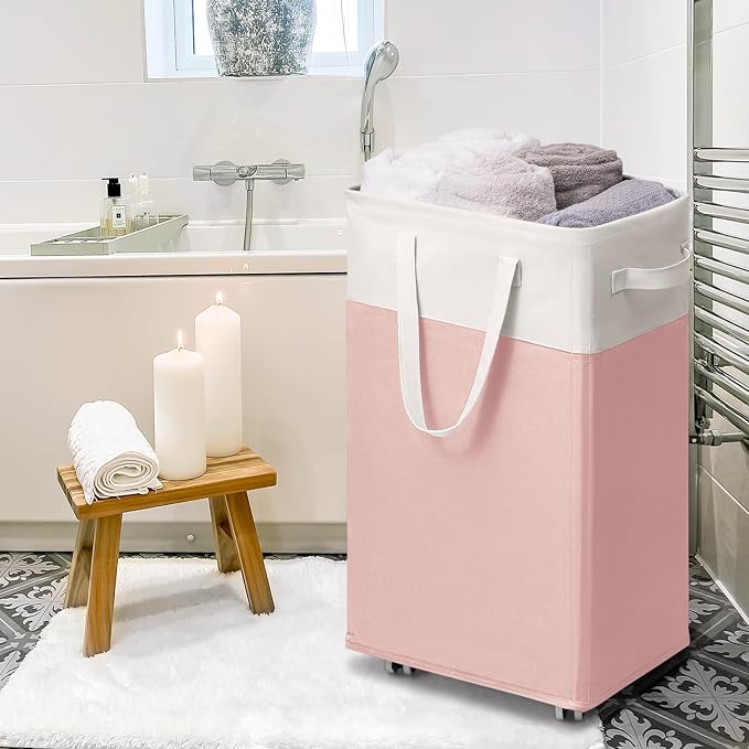 Goodpick Laundry Basket with Wheels 2-Pack, 75L Tall Clothes Hamper, Large Laundry Basket with Removable Wash Bag for Corner Dorm, Rolling Hamper, Pink&White - Image 7