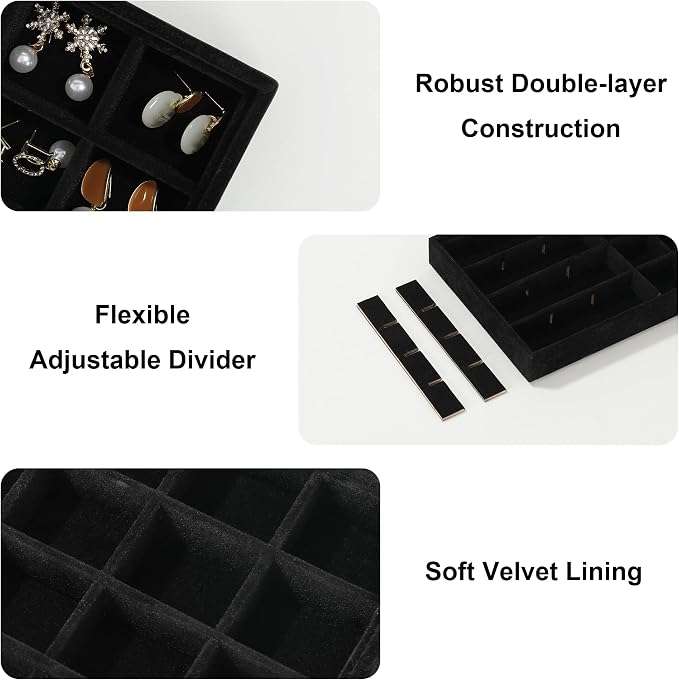 Frebeauty 24 Grid Earring Holder Organizer Tray, Jewelry Organizers and Storage for Drawer,Velvet Jewelry Display Storage for Earrings,Rings,Studs,10.5 x 6.5 x 1.2 Inches Gift for Women (Black) - Image 4