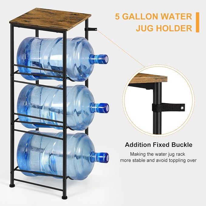 OYEAL 5 Gallon Water Bottle Jug Holder 3-Tier Water Bottle Holder Organizer with Top Shelf, Heavy Duty Water Dispenser Stand Rack for Kitchen Living Room Office, Rustic Brown - Image 4