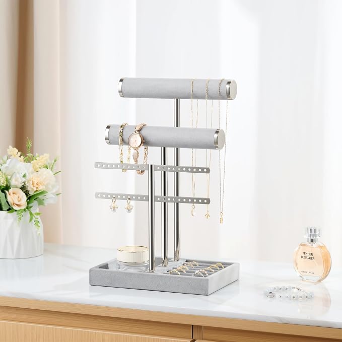 bussdis 3 Tier Bracelet Holder Display - Detachable T Bar Grey Velvet Bracelet Holder, Jewelry Holder Organizer for Bracelet, Necklace, Earrings, Rings - Image 4