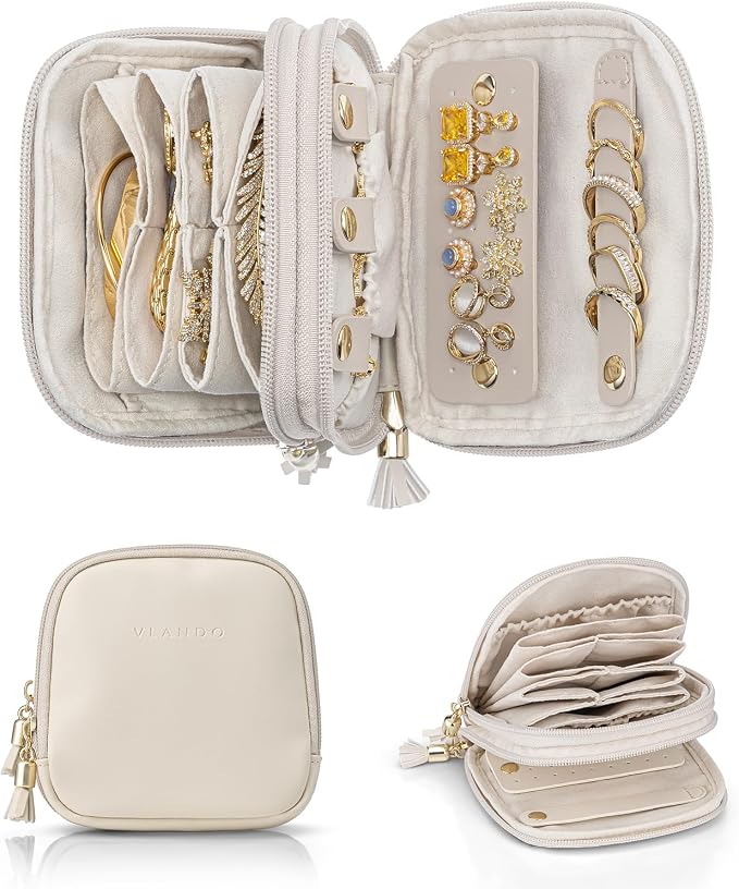VLANDO Travel Jewelry Case,2-Layer Jewelry Organizer for Travel,Mothers Day Mom Gifts Teacher Gifts,Multi-Compartment Jewelry Storage for Rings Earrings Necklaces Bracelets-Cream White by VLANDO