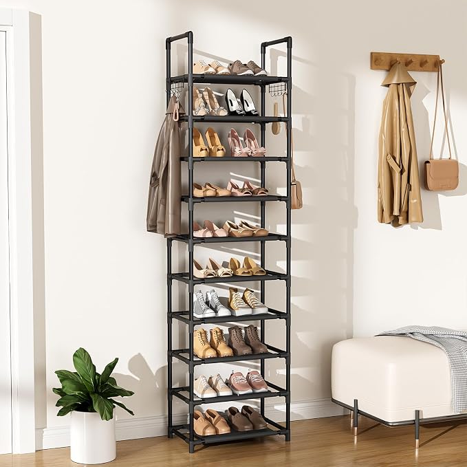 LANTEFUL 10 Tiers Shoe Rack 25 Pairs Large Capacity Tall Shoe Organizer Sturdy Shoe Storage with Two Hooks Space Saving Metal Narrow Shoe Rack for Closet, Entryway, Bedroom, Black - Image 7