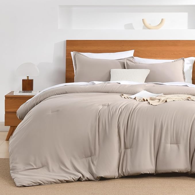 Andency King Size Comforter Set - 7 Pieces Bed in a Bag King Bedding Comforter Sets Oatmeal, Winter Solid Soft Lightweight Comforter with Fitted Sheets, Flat Sheets, Pillowcases & Shams