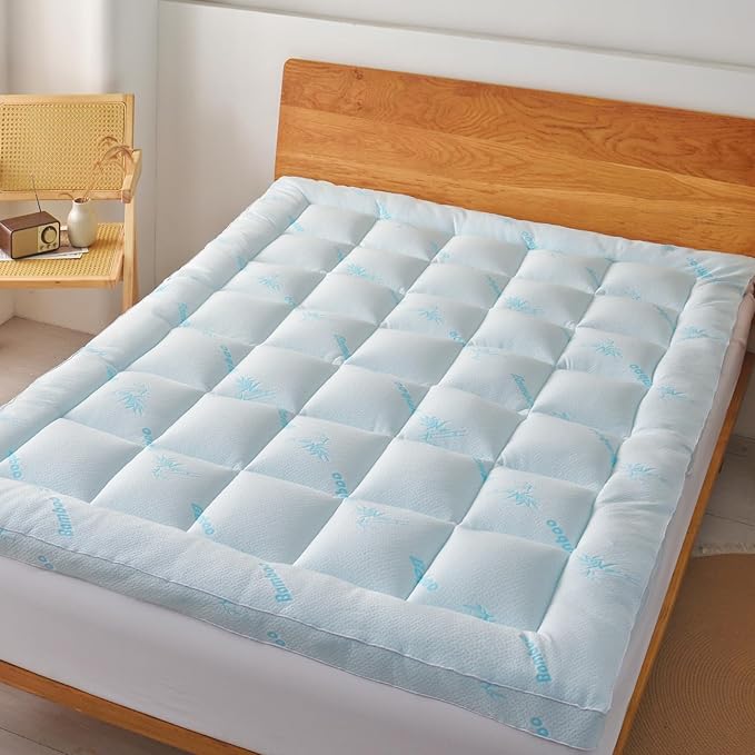Favorland Mattress Topper Queen Size - Cooling Extra Thick Breathable Viscose Made from Bamboo Mattress pad - Soft Quilted Fitted Mattress Cover with 900 GSM Down Alternative Fill (8-21”Deep Pocket)