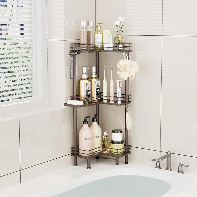 Consumest Corner Shower Caddy Standing - 3-Tier Stainless Steel Shower Organizer with Soap Holder and 4 Hooks, Large Capacity Corner Shelf Stand for Bathroom, Rest Room, Bronze - Image 7