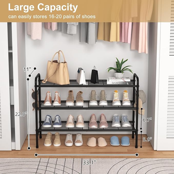 VILICK 3 Tier Shoe Rack 33" Wide Metal Shoe Organizer Long Shoe Storage with 4 Side Hooks Sturdy Shoes Shelf for Front Door Entrance, Closet, Garage, Dorm, Black - Image 3