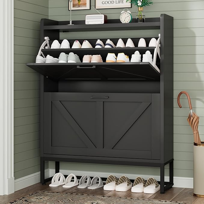 GRUSIGN Shoe Cabinet, Shoe Storage Cabinet with 2 Flip Drawers & Adjustable Shelf, Space-Saving Shoe Organizer – Holds 16+ Pairs, Narrow Shoe Cabinet Storage for Entryway/Hallway（Black） by GRUSIGN