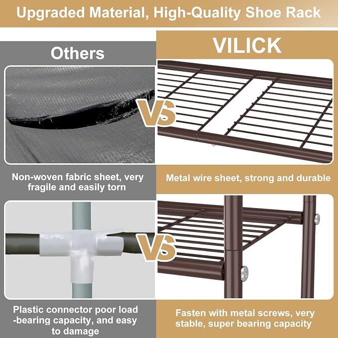 VILICK 3 Tier Shoe Rack 33" Wide Metal Shoe Organizer Long Shoe Storage with 4 Side Hooks Sturdy Shoes Shelf for Front Door Entrance, Closet, Garage, Dorm, Brown - Image 5