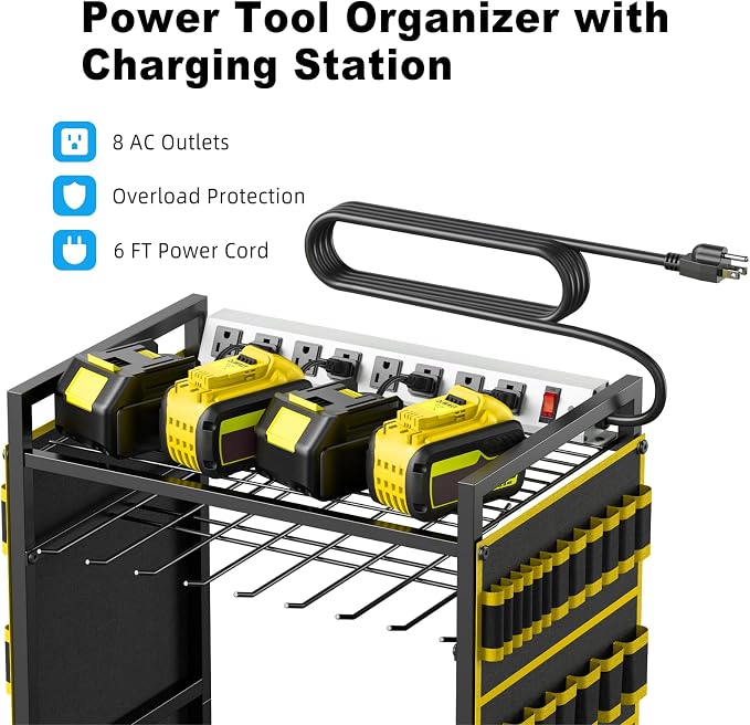 JUNNUJ Large Power Tool Organizer Cart with Charging Station, Garage Floor Standing Rolling Drill and Tools Battery Storage Cart on Wheels, Heavy Duty Rack Shelf with 8 Outlet Power Strip, Yellow - Image 2