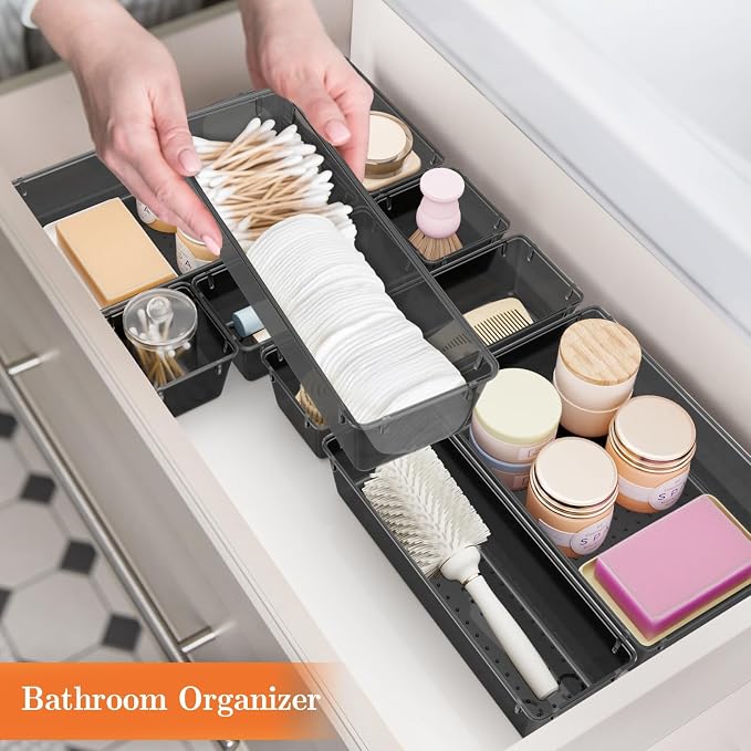 SpaceHacks 25 PCS Plastic Drawer Organizer Set, 4-Size Versatile Organizer Tool Trays & storage Bins for Makeup, Jewelry, and Gadgets in Bathroom, Bedroom and Office,Clear Black - Image 6