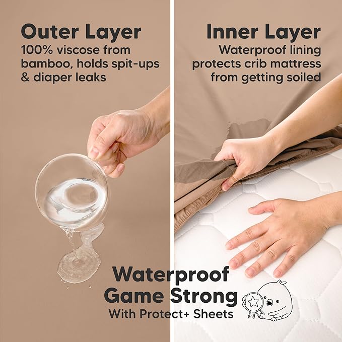 2-Pack Waterproof Pack and Play Sheets, Mini Crib Sheets Fitted for Boy, Girl - 38 x 26 Viscose from Bamboo Pack N Play Mattress Sheets for Graco, Toddler Playard Baby Crib Sheets Neutral (Latte)