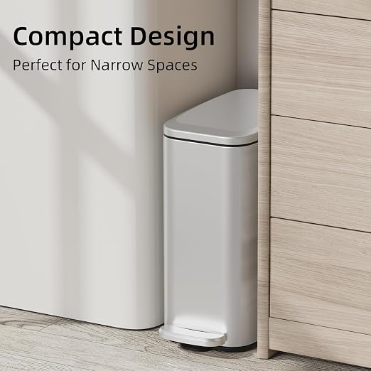 KUK Slim Bathroom Trash Can with Lid, 1.6 Gal / 6L Stainless Steel Small Garbage Bin with Detachable Inner Bucket, Step Pedal, Silent Close, Wastebasket for Toilet, Bedroom, Home, Office (Silver) - Image 3