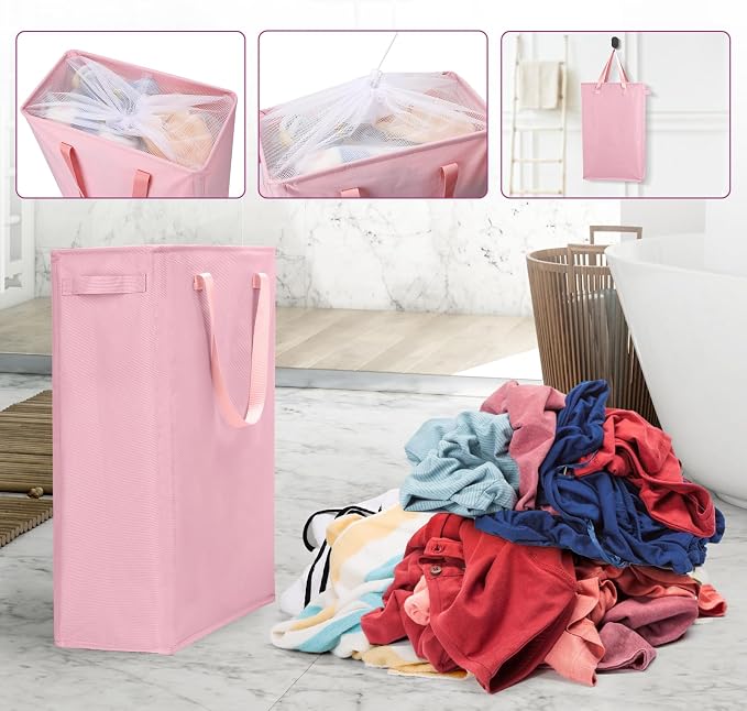 Odonata Slim Laundry Hamper Handles Collapsible Laundry Basket Thin Dirty Clothes Basket Narrow Laundry Bag Foldable Dirty Hamper 45L (Pink) - Image 7