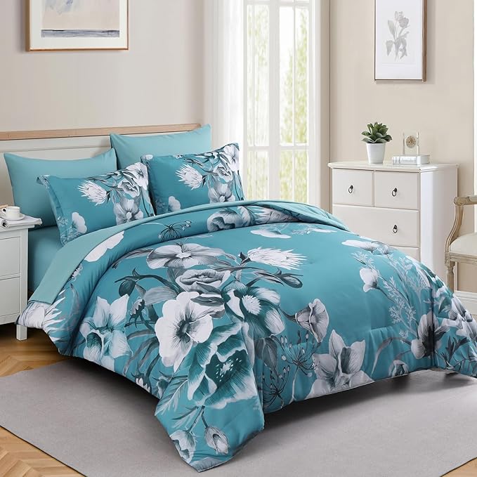 Luxudecor Floral Comforter Set King Size 7 Piece, Teal Blue Flower Bed in a Bag, Elegant Comforter Bedding Set for All Season (Teal Blue, 104"x90")