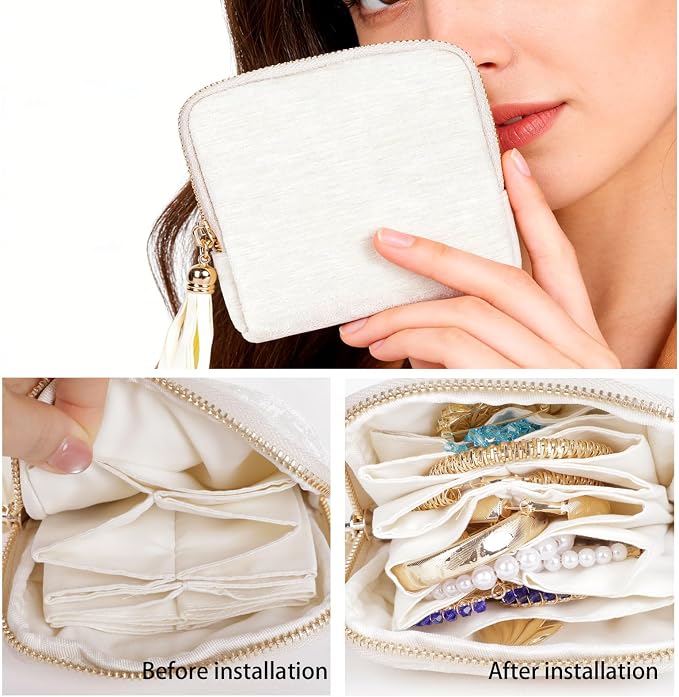 ASINGYER Travel Jewelry Storage Bag for Women, Velvet Portable Jewelry Organizer with Tassel Zipper, Small Pouches for Bracelets Necklaces Rings Earrings, Wedding Gift for Women (beige) - Image 3
