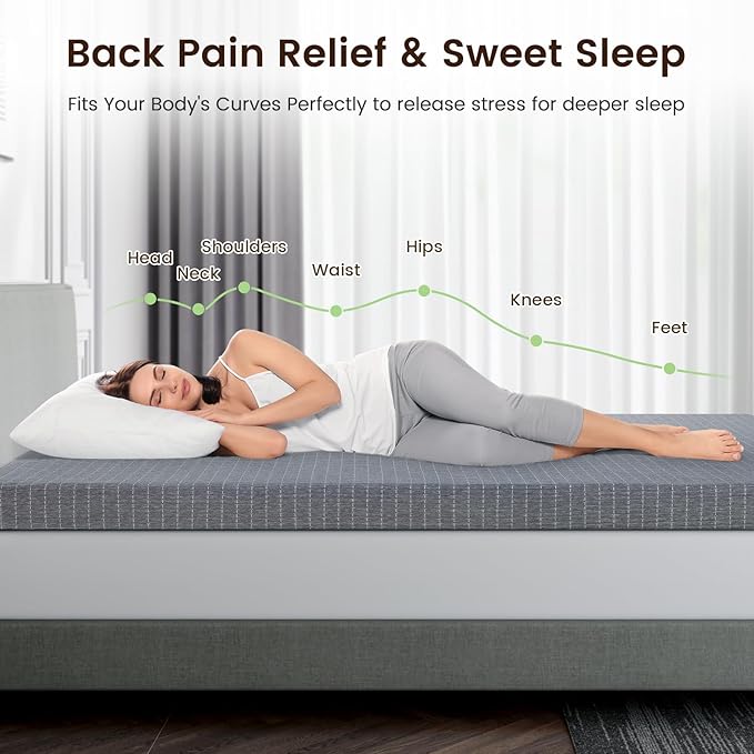 4 Inch Firm Mattress Topper Queen, Charcoal-Infused Firm Memory Foam Bed Topper for Back Pain Relief and Spinal Alignment, Dual-Sided Firmness, CertiPUR-US Certified, Removable Cover