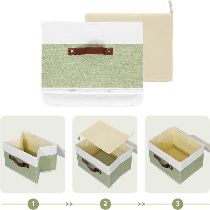ANMINY Storage Boxes with Lids Washable Decorative Storage Bins Basket with PU Leather Handle Foldable Linen Fabric Storage Cubes Containers for Home Closet Organizer - Green White, Small Size - Image 4