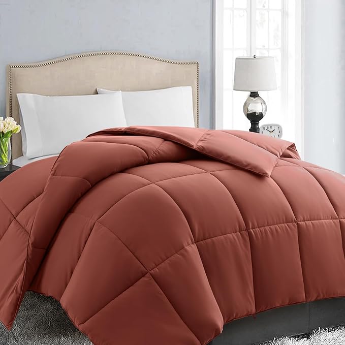 EASELAND Oversized King Down Alternative Comforter - Quilted Duvet Insert for All Seasons, Soft Lightweight with Corner Tabs, Summer Winter Warm Bedding, Terracotta 98x116 Inches