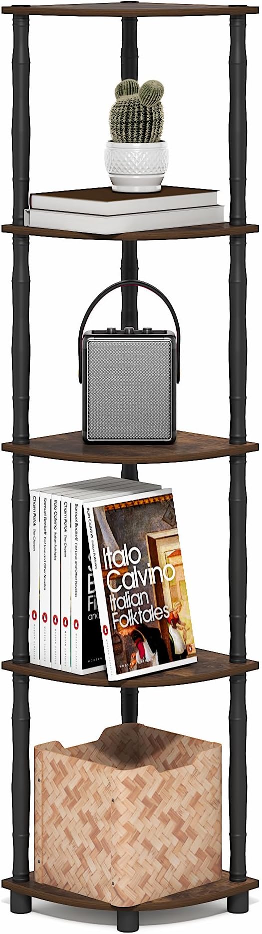 Furinno Turn-N-Tube Storage Shelves, 5-Tier Corner Book Shelf, Standing Corner Shelf, Toolless Open Shelves, Classic Tubes, for Organization and Storage, Living Room, Home Office, Amber Pine by Furinno-FitsYourSpaceFitsYourBudget